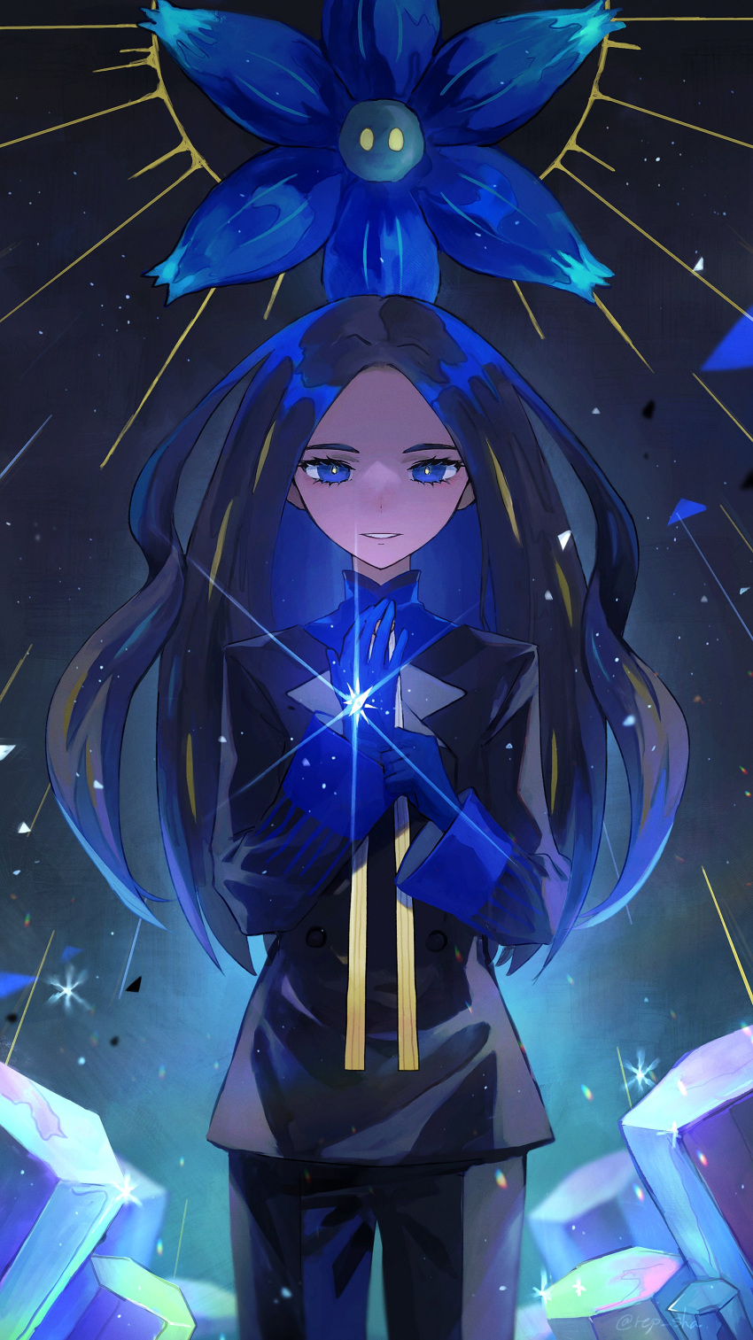 1girl, absurdres, black_hair, black_jacket, black_pants, blonde_hair, blue_eyes, blue_gloves