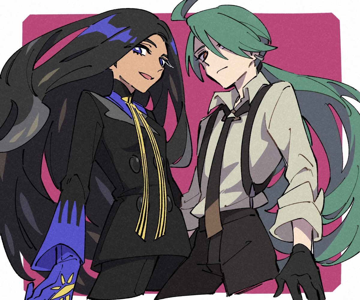 2girls, ahoge, androgynous, black_hair, black_jacket, black_necktie, blue_eyes, bright_pupils