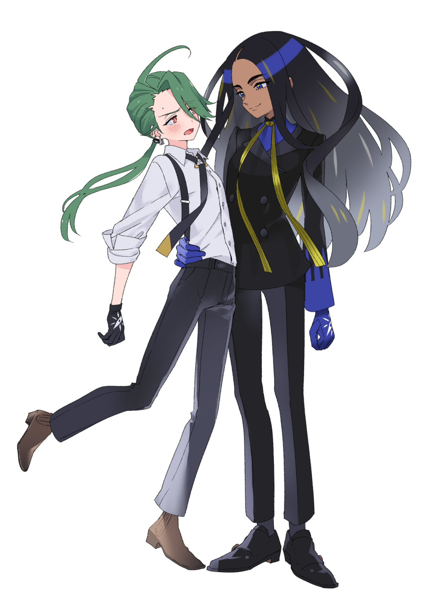 2girls, ahoge, black_hair, black_jacket, black_necktie, blue_eyes, bright_pupils, closed_mouth