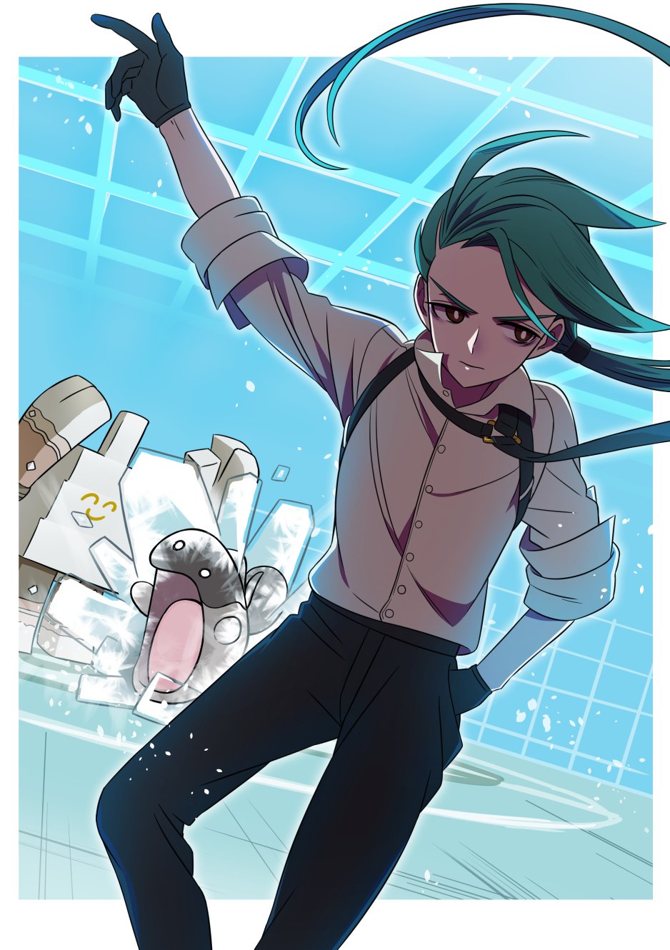 1girl, ^_^, clodsire, closed_eyes, garganacl, gloves, green_hair, highres