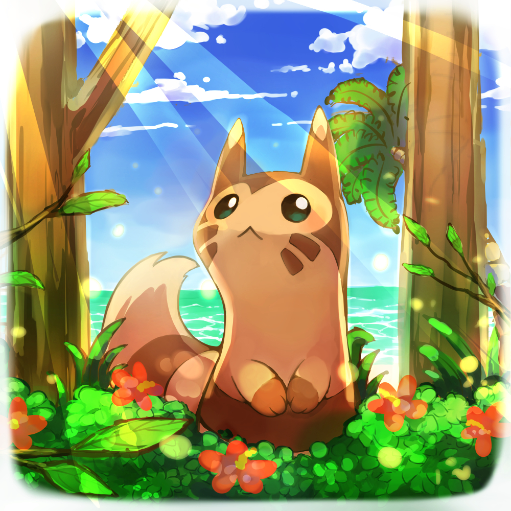 :&amp;lt;, closed_mouth, clouds, commentary_request, day, flower, furret, green_eyes, light_rays, looking_up, no_humans, outdoors, pokemon, pokemon_(creature), putto, sky, solo, tree