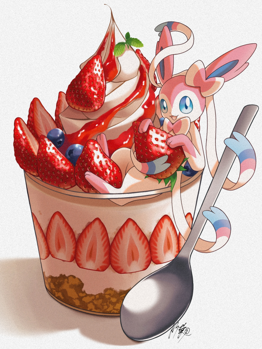 :d, blue_eyes, blueberry, comic, cup, dessert, food, fruit, happy, highres, holding, holding_food, holding_fruit, kuchiba_(jret2454), no_humans, open_mouth, pokemon, pokemon_(creature), smile, solo, spoon, strawberry, sylveon, tongue