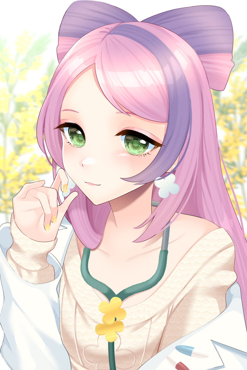 1girl, absurdres, bangs, closed_mouth, coat, collarbone, commentary_request, earrings