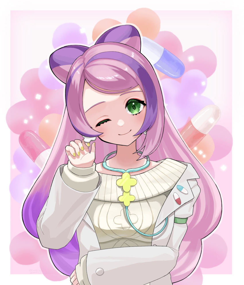 1girl, ;), border, closed_mouth, coat, commentary_request, earrings, ebiura_akane, eyelashes, green_eyes, hand_up, head_tilt, highres, jewelry, long_hair, long_sleeves, looking_at_viewer, miriam_(pokemon), nail_polish, off_shoulder, one_eye_closed, open_clothes, open_coat, pokemon, pokemon_(game), pokemon_sv, purple_hair, smile, solo, stethoscope, sweater, upper_body, white_border, yellow_nails, yellow_sweater