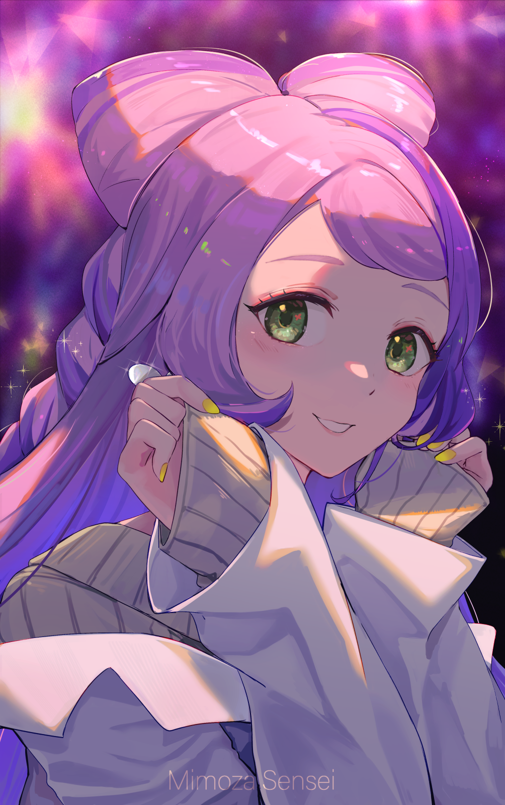 1girl, blush, coat, commentary_request, eyelashes, green_eyes, hand_up, highres