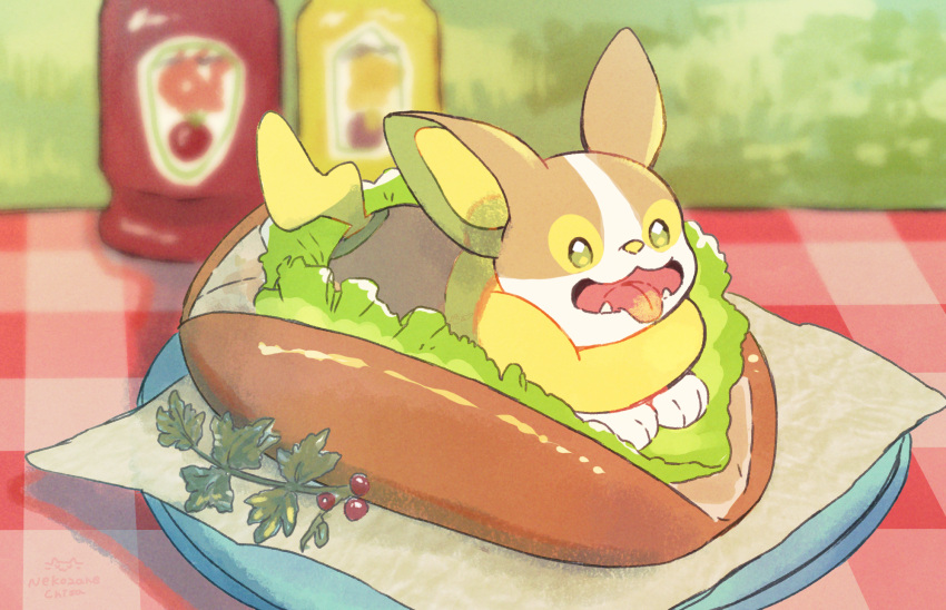 commentary_request, day, fangs, food, green_eyes, highres, hot_dog_bun, in_food, ketchup_bottle, lettuce, lying, mustard_bottle, nekozane_chisa, no_humans, on_stomach, open_mouth, outdoors, pokemon, pokemon_(creature), solo, tongue, tongue_out, yamper