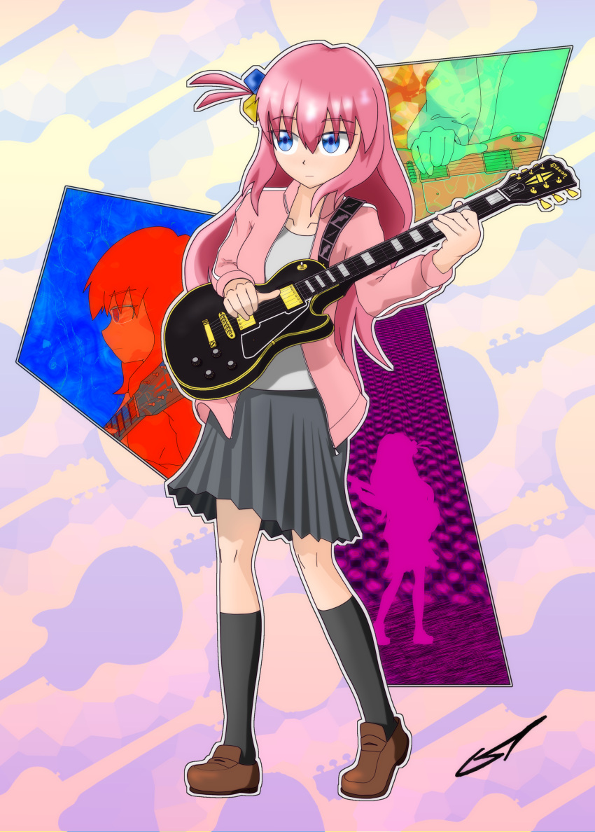 1girl, bangs, blue_eyes, bocchi_the_rock!, cube_hair_ornament, electric_guitar, gibson_les_paul, gotou_hitori