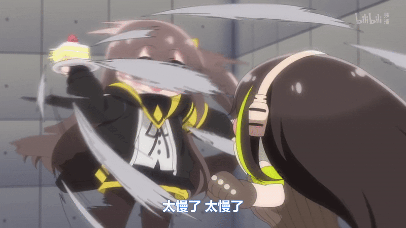 animated_gif, cake_slice, dodging, girls_frontline, girls_frontline:healing, m4a1_(girls_frontline), multiple_girls, ump45_(girls_frontline)