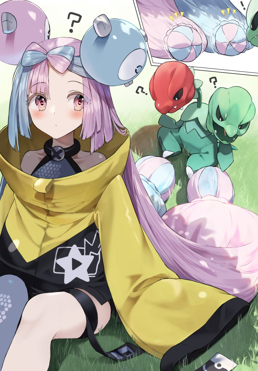 1girl, ?, aqua_hair, bangs, blue_hair, blush, bow-shaped_hair, character_hair_ornament, closed_mouth, feet_out_of_frame, grey_pantyhose, grey_shirt, iono_(pokemon), jacket, long_hair, long_sleeves, multicolored_hair, on_grass, pantyhose, pentagon_(railgun_ky1206), pink_hair, pokemon, pokemon_(game), pokemon_sv, scovillain, shirt, single_leg_pantyhose, sitting, sleeves_past_fingers, sleeves_past_wrists, star_(symbol), star_print, two-tone_hair, very_long_hair, violet_eyes, yellow_jacket