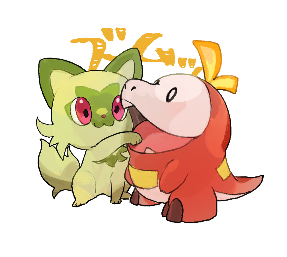 :3, black_eyes, bright_pupils, closed_mouth, fangs, fuecoco, hand_in_another's_mouth, meowth