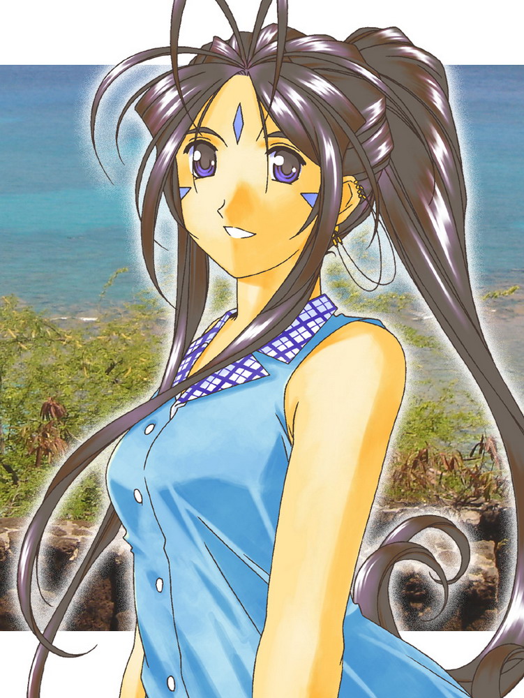 1girl, aa_megami-sama, ah_my_goddess, antenna_hair, bare_shoulders, belldandy, blue_dress, blue_eyes, breasts, brown_hair, checkered_collar, earrings, facial_mark, forehead_mark, jewelry, lake, long_hair, official_alternate_costume, official_art, ponytail, river, riverbank, scenery, sleeveless, sleeveless_dress, smile, solo, upper_body, very_long_hair