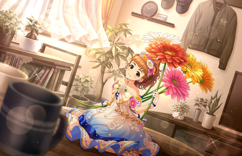 blue_dress, blue_ribbon, books, brown_hair, choker, clock, cup, curtains