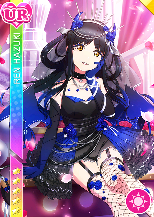 black_hair, black_shorts, black_veil, blue_eyeshadow, blue_gloves, blue_rose, blue_wings, bow, chains, character_name, cherry_blossoms, choker, curtains, demon_wings, dress, fishnets, frilly_dress, garter_straps, gloves, half_updo, hand_on_own_face, hazuki_ren, horn_ornament, idol, long_hair, love_live!_school_idol_festival, love_live!_superstar!!, ribbon, sheer_skirt, silver_hairband, smile, stockings, touching_face, veil, white_ribbon, yellow_eyes