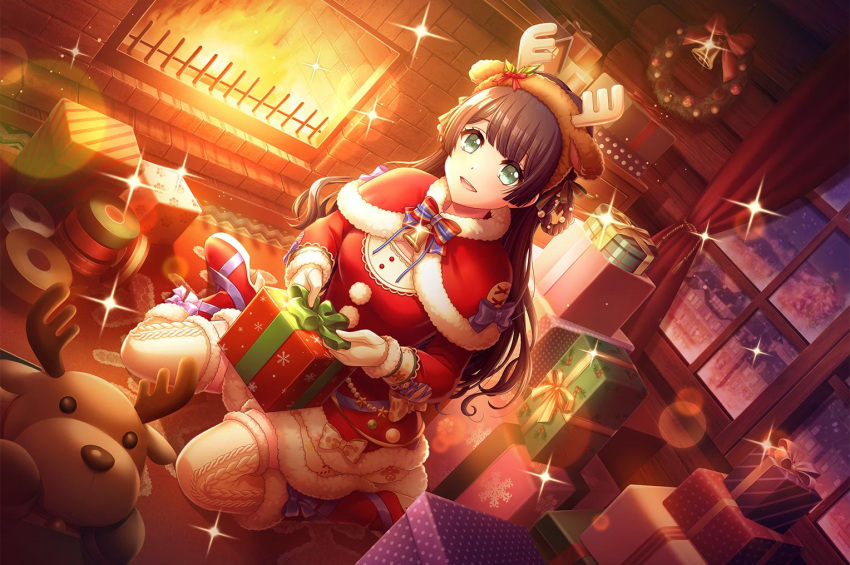 black_hair, christmas, d4dj, dress, green_eyes, long_hair, smile, togetsu_rei