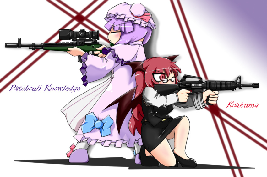 bat_wings, bespectacled, bloodycat, chibi, glasses, gun, hat, head_wings