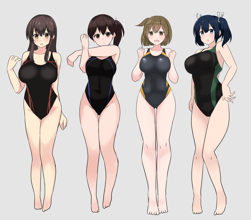 4girls, :d, :o, absurdres, akagi_(kancolle), akagi_(kantai_collection), alternate_costume, arm_behind_back