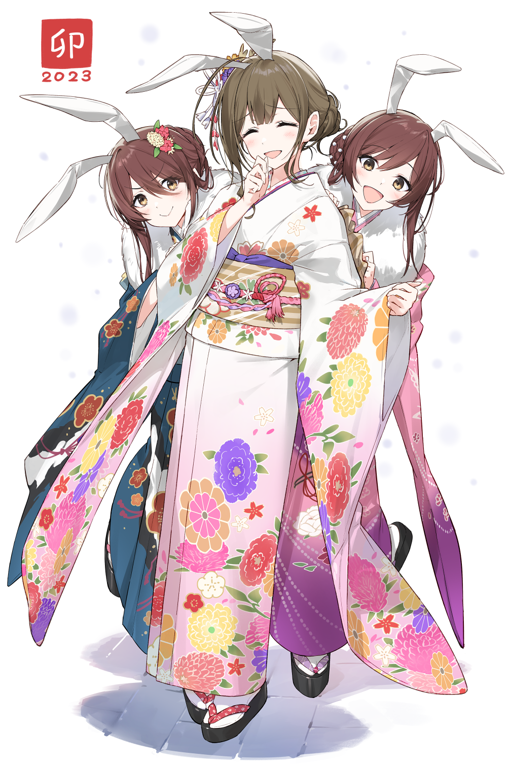 2023, 3girls, ^_^, ^o^, alstroemeria_(idolmaster), animal_ears, blush, brown_hair, closed_eyes, commentary_request, floral_print, full_body, hair_bun, hayashi_kewi, highres, idolmaster, idolmaster_shiny_colors, japanese_clothes, kimono, kuwayama_chiyuki, looking_at_viewer, multiple_girls, obi, oosaki_amana, oosaki_tenka, osaki_amana, osaki_tenka, print_kimono, rabbit_ears, sash, sidelocks, simple_background, single_hair_bun, smile, stone_floor, wide_sleeves, zouri