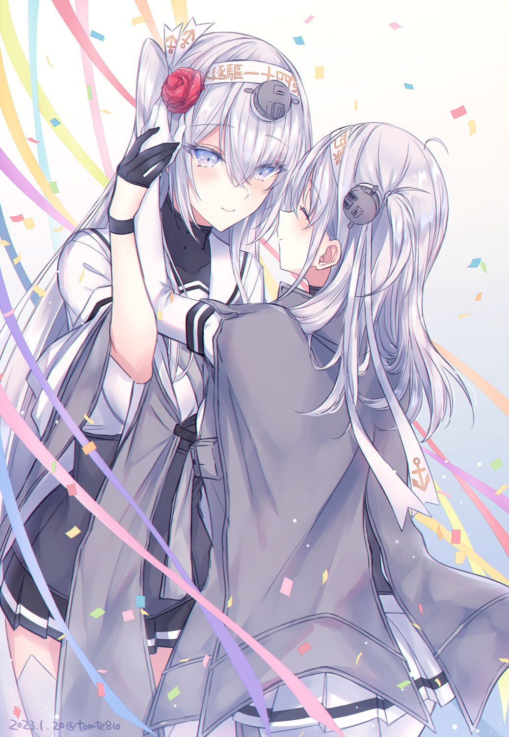 2girls, bangs, black_gloves, black_skirt, braid, closed_eyes, closed_mouth, flower, fuyutsuki_(kancolle), fuyutsuki_(kantai_collection), gloves, hair_between_eyes, hair_flower, hair_ornament, headband, highres, kabocha_torute, kantai_collection, light_purple_hair, looking_at_another, multiple_girls, pink_ribbon, pleated_skirt, purple_ribbon, red_flower, ribbon, school_uniform, serafuku, side_ponytail, skirt, smile, suzutsuki_(kancolle), suzutsuki_(kantai_collection), violet_eyes, yuri