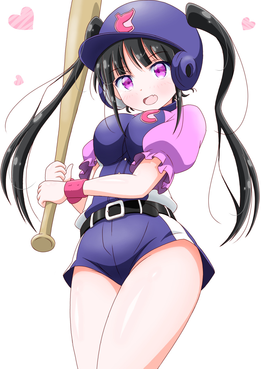 1girl, :d, akiba_maid_sensou, alternate_breast_size, bangs, baseball_bat, baseball_helmet, belt