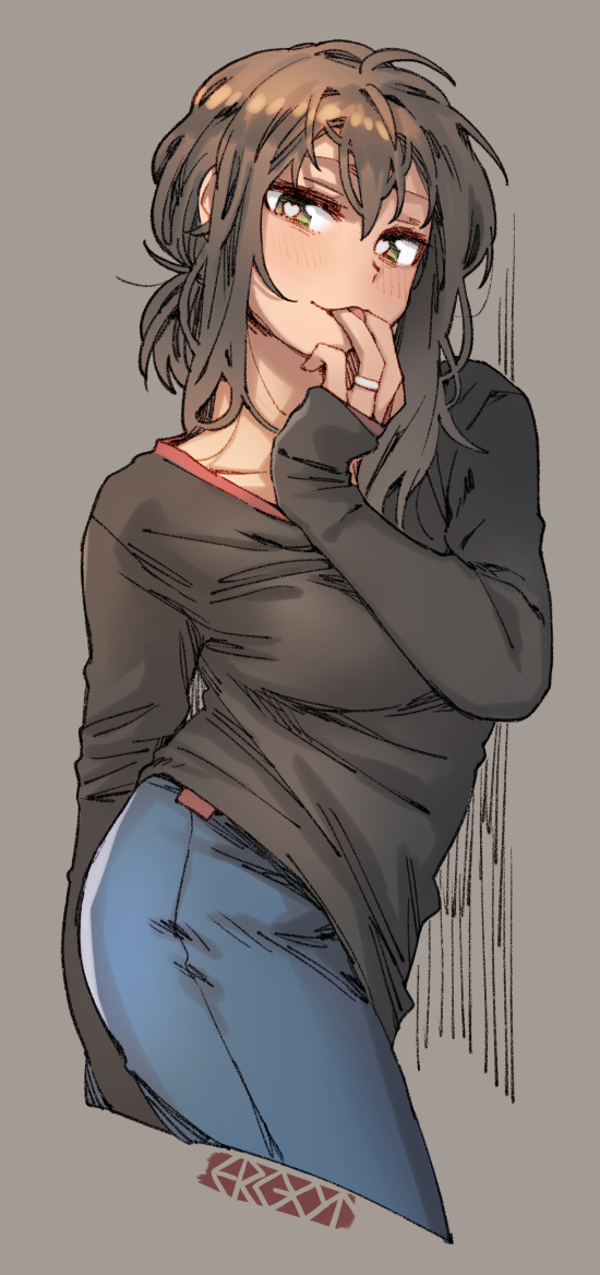 1girl, artist_logo, artist_name, black_hair, black_shirt, blue_pants, blush, cropped_legs, ergot, fubuki_(kancolle), fubuki_(kantai_collection), green_eyes, grey_background, jewelry, kantai_collection, pants, ring, shirt, short_hair, short_ponytail, simple_background, sleeves_past_wrists, solo, wedding_ring