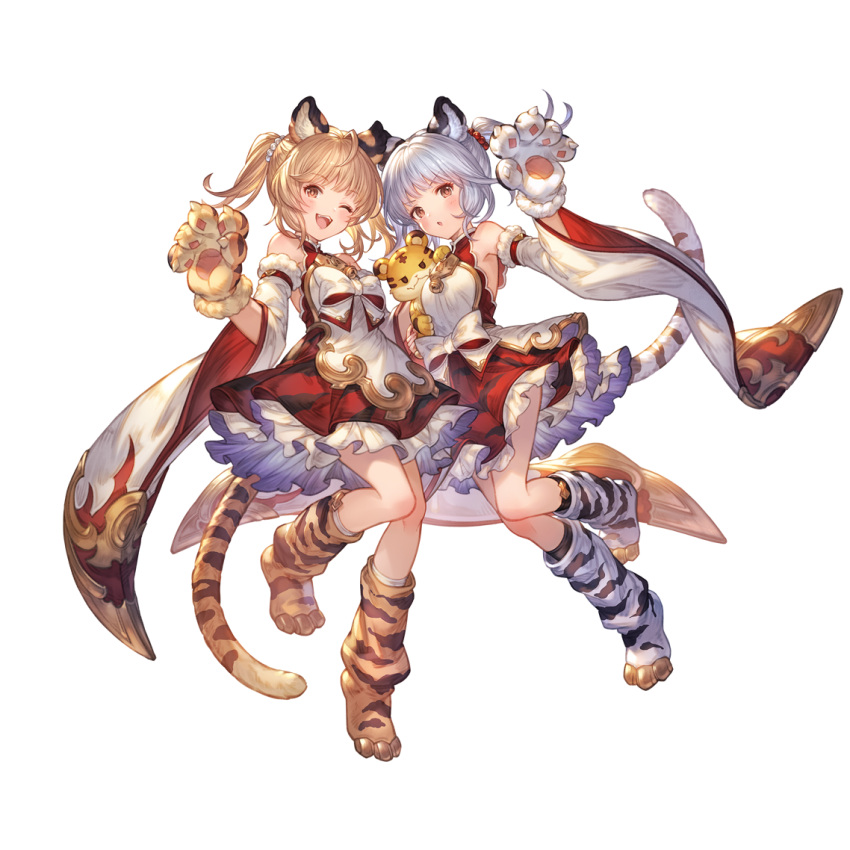 2girls, ;d, alpha_transparency, animal_ears, animal_hands, animal_print, bai_(granblue_fantasy), bangs