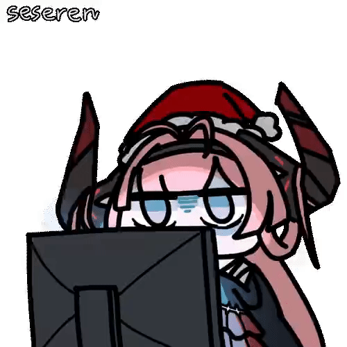 1girl, animated_gif, computer, eyebags, horns, long_hair, santa_hat, seseren
