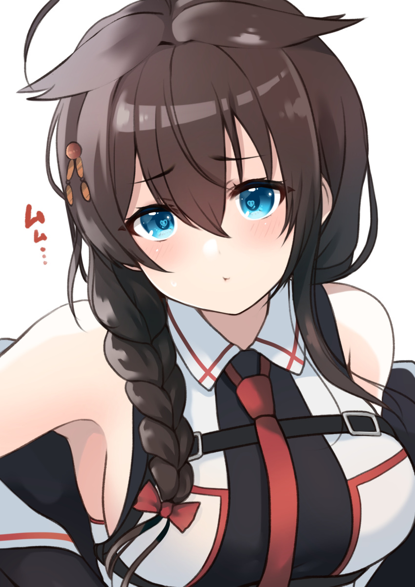 1girl, absurdres, ahoge, bangs, bare_shoulders, blue_eyes, blush, braid, breasts, brown_hair, closed_mouth, dyson_(edaokunnsaikouya), hair_between_eyes, hair_flaps, hair_ornament, heart, heart-shaped_pupils, highres, kantai_collection, large_breasts, long_hair, looking_at_viewer, necktie, pout, red_necktie, revision, shigure_(kancolle), shigure_(kantai_collection), shigure_kai_san_(kancolle), simple_background, single_braid, solo, symbol-shaped_pupils, upper_body, white_background