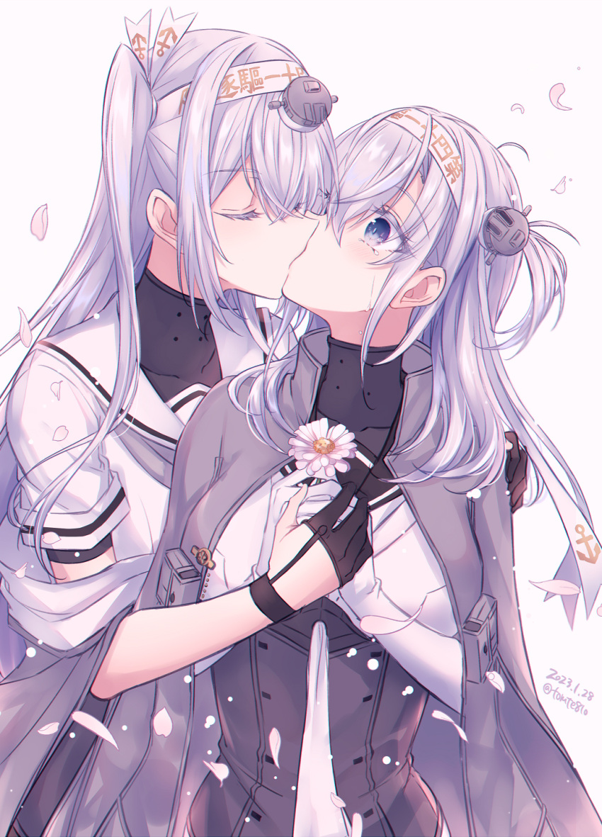 2girls, breasts, dated, flower, fuyutsuki_(kancolle), fuyutsuki_(kantai_collection), gloves, grey_eyes