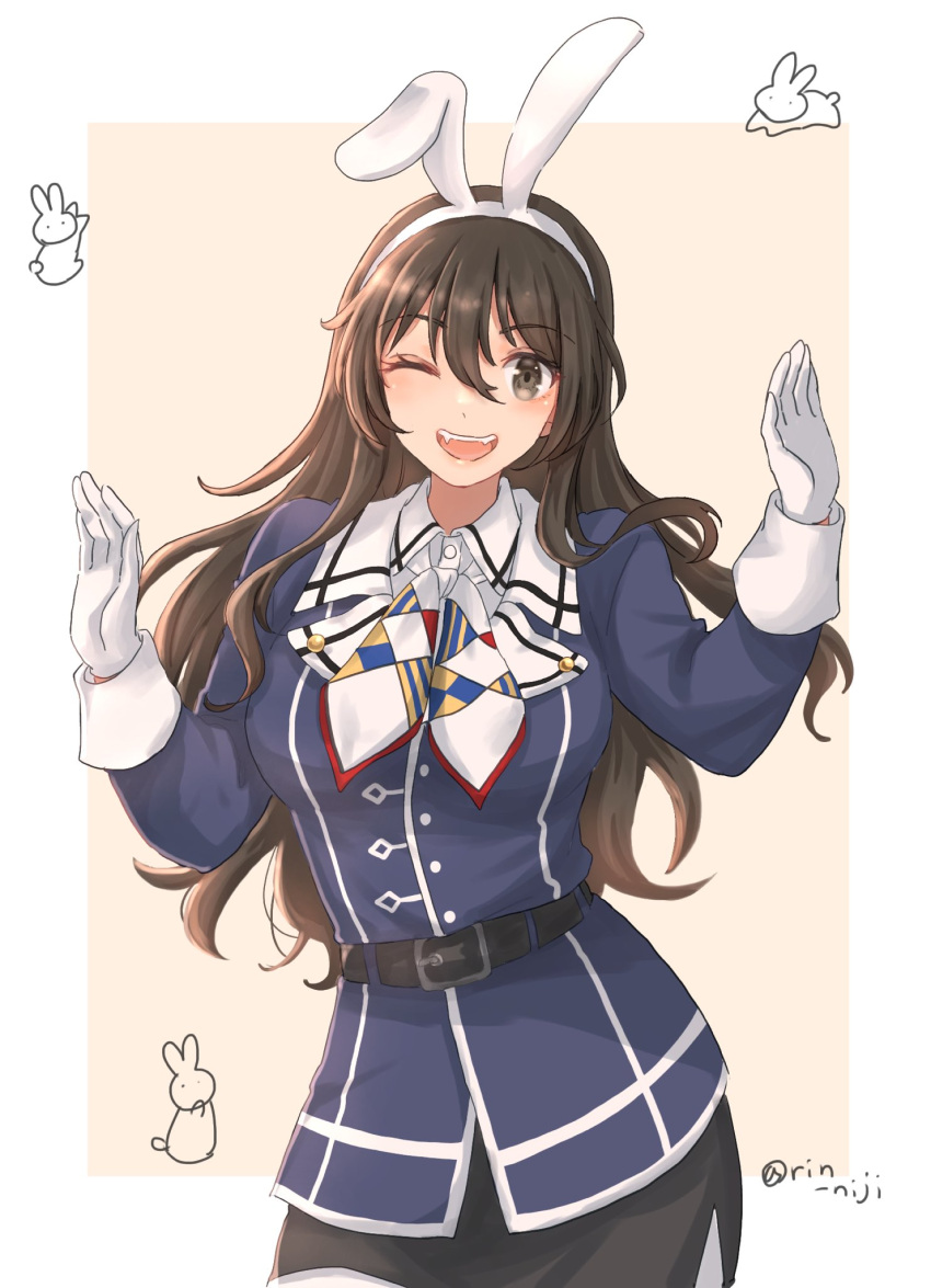 1girl, animal_ears, ashigara_(kancolle), ashigara_(kantai_collection), bangs, belt, black_belt, black_skirt, blush, brown_eyes, brown_hair, fake_animal_ears, gloves, hair_between_eyes, hairband, highres, jacket, kantai_collection, long_hair, long_sleeves, one_eye_closed, open_mouth, pencil_skirt, purple_jacket, rabbit, rabbit_ears, rin_(rin_niji), skirt, smile, solo, twitter_username, two-tone_background, white_gloves, white_hairband
