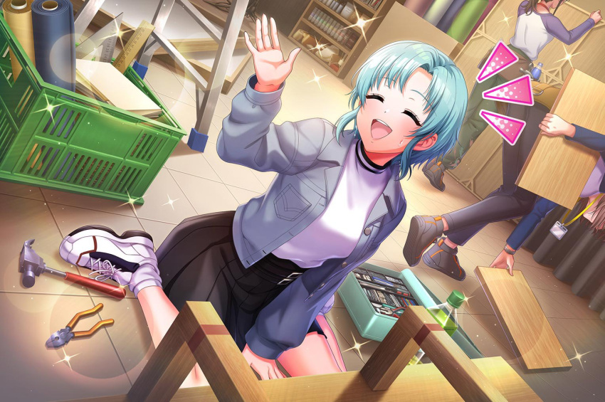 blue_hair, blush, closed_eyes, d4dj, dress, hanamaki_towa, short_hair, smile