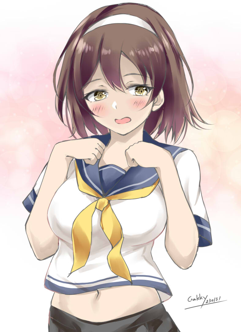 1girl, black_hair, blue_sailor_collar, commentary_request, gakky, grey_skirt, hairband, kantai_collection