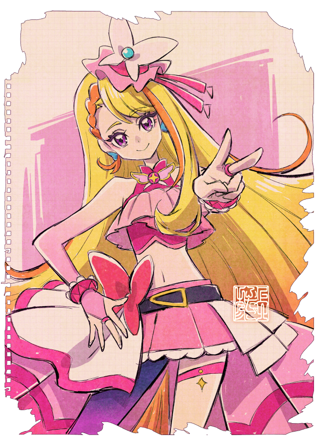 1girl, belt_bow, blonde_hair, braid, brooch, butterfly_earrings, cure_butterfly, earrings