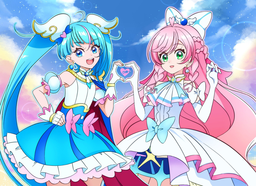 2girls, ascot, blue_cape, cape, commentary, cure_prism, cure_sky, detached_sleeves