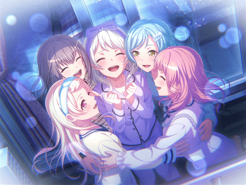 5girls, bang_dream!, blush, closed_eyes, dress, grey_hair, group_hug, hikawa_hina