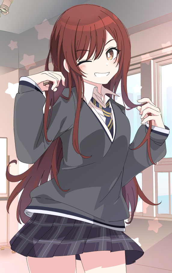 1girl, black_skirt, commentary, grey_sweater_vest, idolmaster, idolmaster_shiny_colors, indoors, ixy, long_hair, long_sleeves, looking_at_viewer, necktie, one_eye_closed, oosaki_amana, osaki_amana, plaid, plaid_skirt, redhead, shirt, skirt, smile, solo, star_(symbol), striped_necktie, sweater_vest, thigh-highs, white_shirt, window, yellow_eyes
