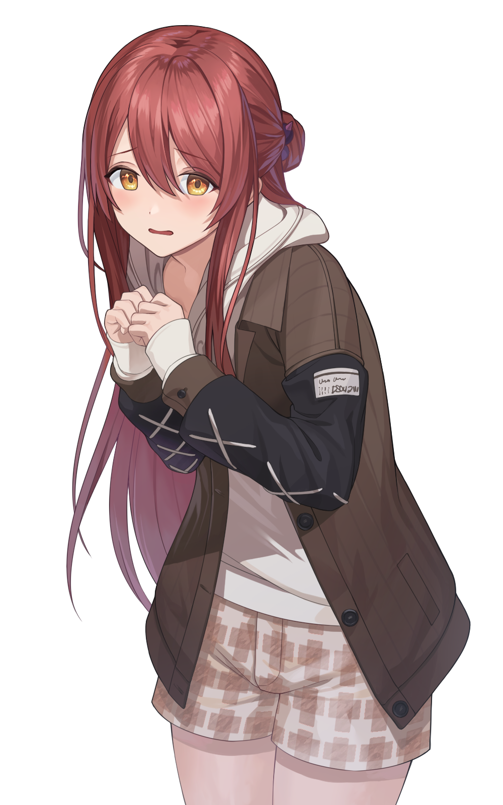 1girl, bangs, brown_jacket, brown_shorts, commentary_request, cowboy_shot, gomibukurokarasu, hair_between_eyes