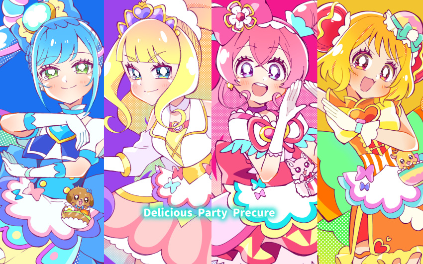 4girls, :d, apron, arm_up, back_bow, bangs, big_hair, blonde_hair, blue_bow, blue_dress, blue_eyes, blue_hair, blunt_bangs, bob_cut, bow, bridal_gauntlets, bright_pupils, bun_cover, closed_mouth, commentary, cone_hair_bun, copyright_name, cure_finale, cure_precious, cure_spicy, cure_yum-yum, delicious_party_precure, detached_collar, double_bun, dress, earrings, english_text, fuwa_kokone, gloves, hair_bow, hair_bun, hair_ornament, hair_tie, hairband, half-closed_eyes, hanamichi_ran, head_tilt, heart, jacket, jewelry, kasai_amane, kome-kome_(precure), large_bow, long_hair, long_sleeves, looking_at_viewer, magical_girl, medium_dress, mem-mem_(precure), meranoreuka_(pandapaca), multiple_girls, nagomi_yui, open_mouth, orange_bow, orange_dress, orange_eyes, own_hands_together, pam-pam_(precure), pink_bow, pink_dress, pink_hair, pink_hairband, precure, puffy_short_sleeves, puffy_sleeves, purple_headwear, short_hair, short_sleeves, side_ponytail, sleeveless, sleeveless_dress, smile, tiara, two_side_up, very_long_hair, violet_eyes, waist_apron, white_gloves, white_jacket, white_pupils, yellow_bow