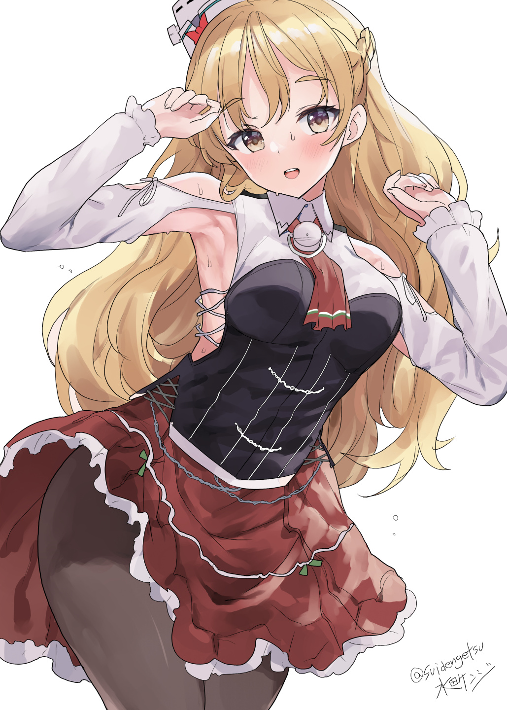 1girl, armpits, artist_name, ascot, bangs, black_pantyhose, blonde_hair, blush, braid, collared_shirt, cowboy_shot, french_braid, hat, highres, kantai_collection, long_hair, looking_at_viewer, mini_hat, mizuta_kenji, one-hour_drawing_challenge, open_mouth, pantyhose, red_ascot, red_skirt, shirt, signature, simple_background, skirt, smile, solo, teeth, twitter_username, upper_teeth_only, white_background, white_headwear, white_shirt, yellow_eyes, zara_(kancolle), zara_(kantai_collection)