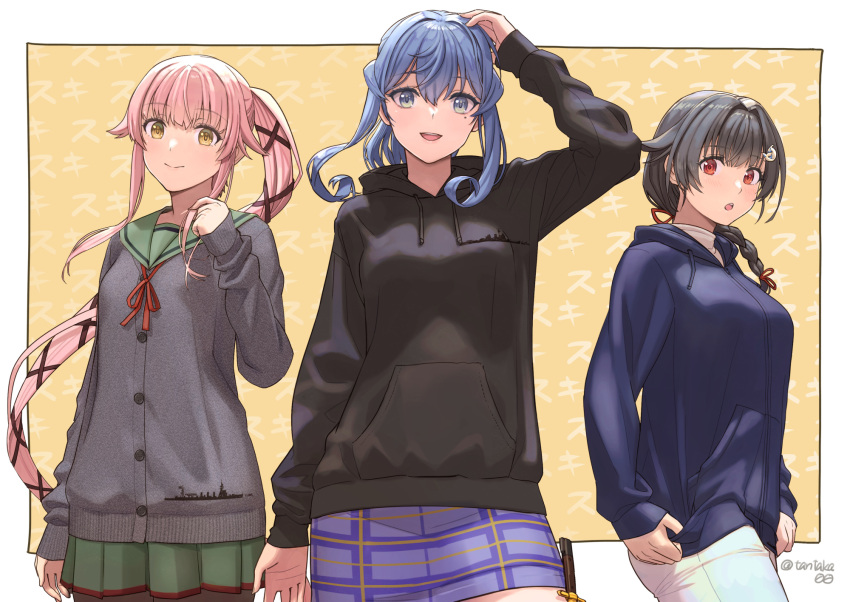 3girls, bangs, black_hair, black_hoodie, blue_eyes, blue_hair, blue_hoodie, blue_skirt