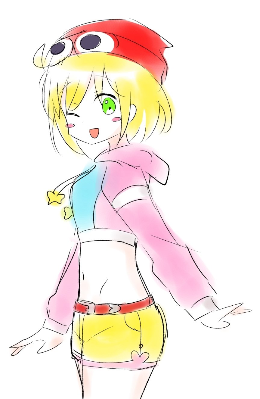 1girl, :d, amitie, amitie_(puyopuyo), belt, bike_shorts, blonde_hair, blush