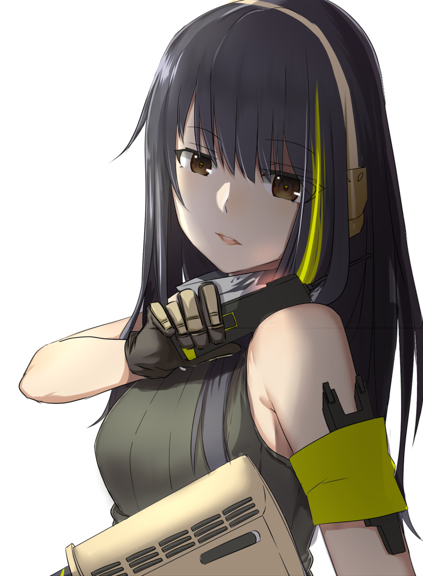 1girl, armband, assault_rifle, bare_shoulders, black_gloves, black_hair, commentary_request, ear_protection, from_side, girls_frontline, gloves, green_armband, green_eyes, gun, highres, holding, holding_gun, holding_weapon, long_hair, lulu_heika, m4_carbine, m4a1_(girls'_frontline), multicolored_hair, open_mouth, ribbed_shirt, rifle, shirt, simple_background, sleeveless, solo, streaked_hair, upper_body, weapon, white_background
