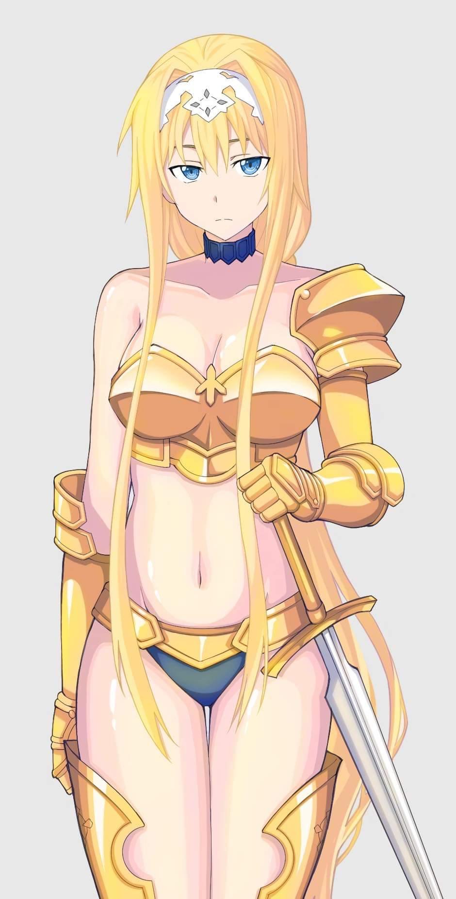 alice_schuberg, annoyed, armor, big_breasts, bikini_armor, blonde_hair, blue_eyes, choker, cleavage, gauntlets, gold, golden_armor, headband, sword, sword_art_online, sword_art_online_alicization, very_long_hair