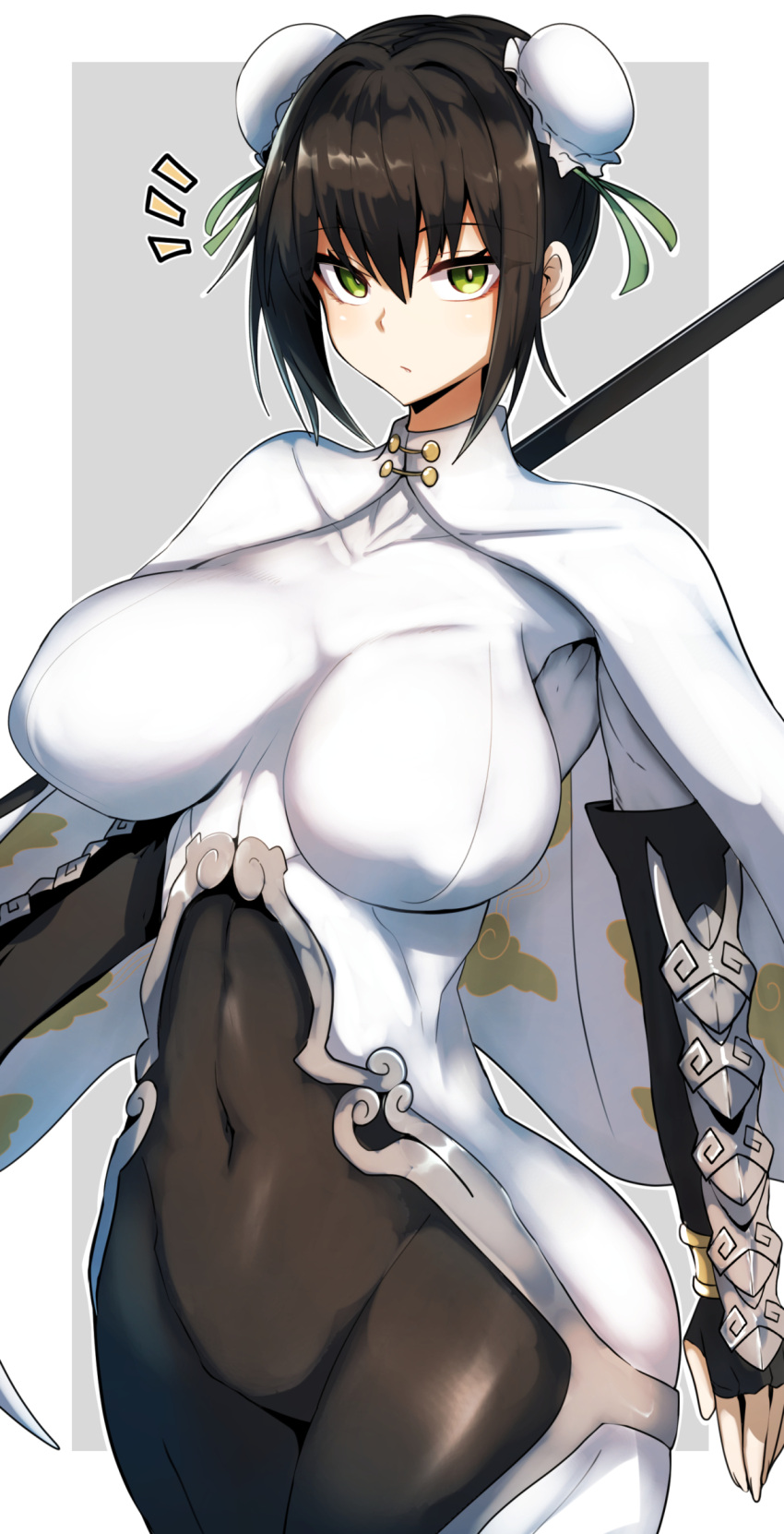 1girl, black_hair, bodysuit, breasts, bun_cover, chinese_clothes, covered_navel, double_bun