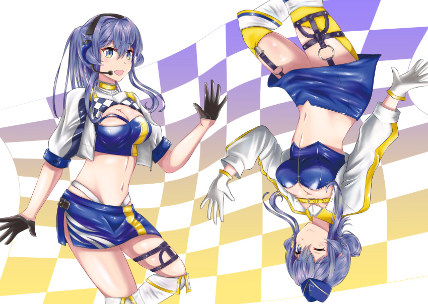 1girl, absurdres, bandeau, black_gloves, blue_bandeau, blue_bustier, blue_eyes, blue_hair