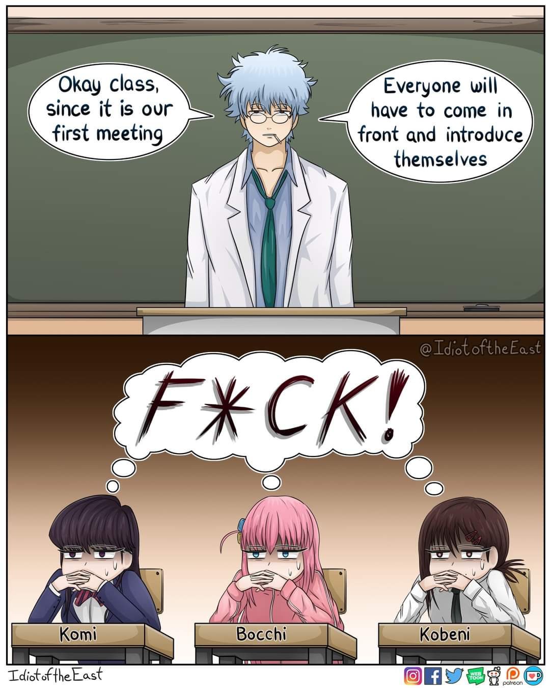1boy, bocchi_the_rock!, chainsaw_man, gintama, gotou_hitori, idiotoftheeast, kobeni, komi-san_wa_komyushou_desu, komi_shouko, multiple_girls, profanity, sakata_gintoki