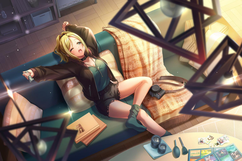 belt, blanket, blonde_hair, blue_eyes, blush, book, camera, choker, couch, d4dj, jacket, long_hair, napkin, neclace, pillow, sasago_jennifer_yuka, shelf, short_shorts, socks, stretch, wink, wooden_floor, yellow_hair