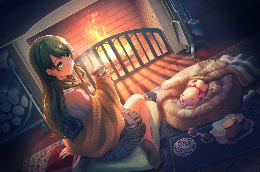 1girl, blanket, book, broom, carpet, d4dj, dog_boy, dress