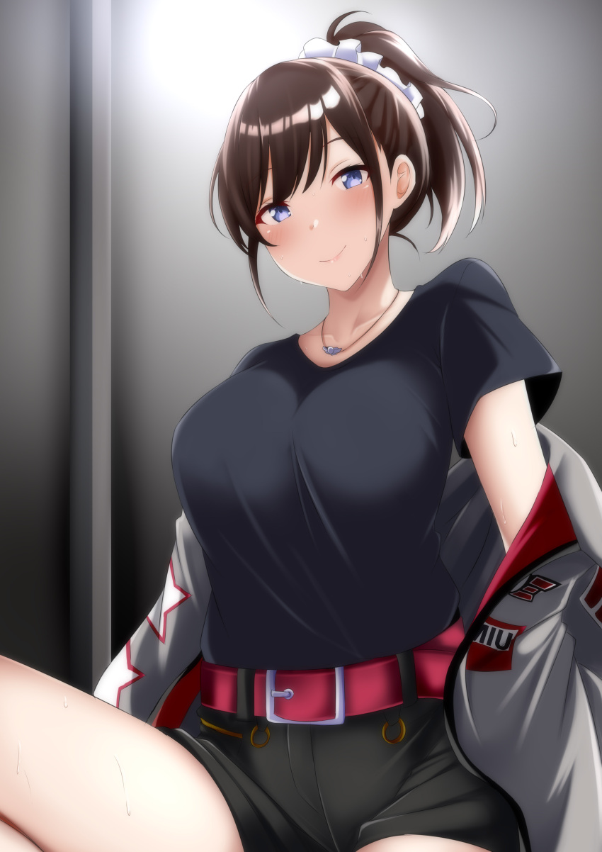 1girl, alluring, black_shirt, blue_eyes, brown_hair, engine_sentai_go-onger, grey_jacket, jacket