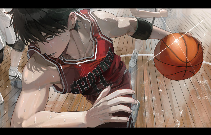 3boys, ball, bangs, bare_shoulders, basketball, basketball_court, basketball_jersey, basketball_uniform