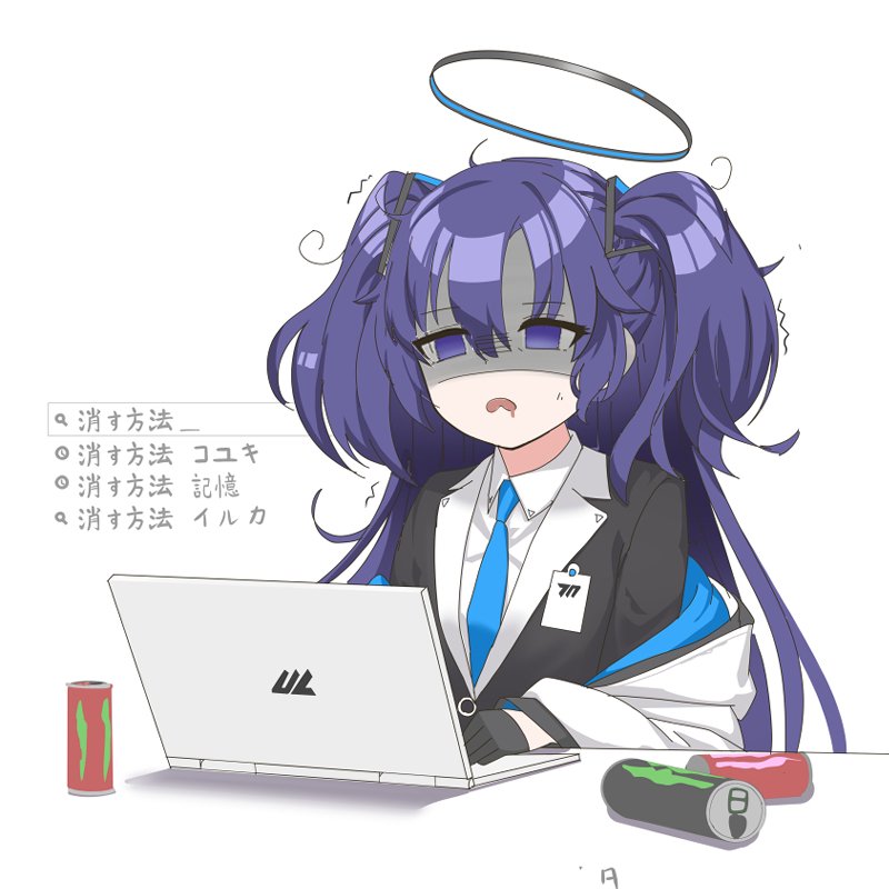 1girl, bangs, black_gloves, black_jacket, blue_archive, blue_necktie, can, collared_shirt